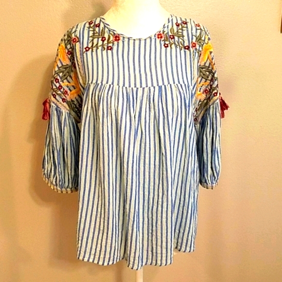 For The Republic Tops - Embroidered Blouse with Tassels